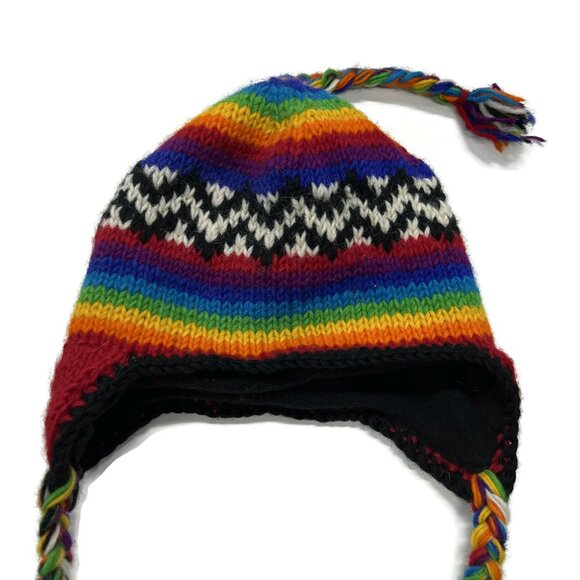 Cold Winter Multicolor Hat Nepal Beanie Rainbow Pigtails Wool Knit Stripe - Picture 2 of 6